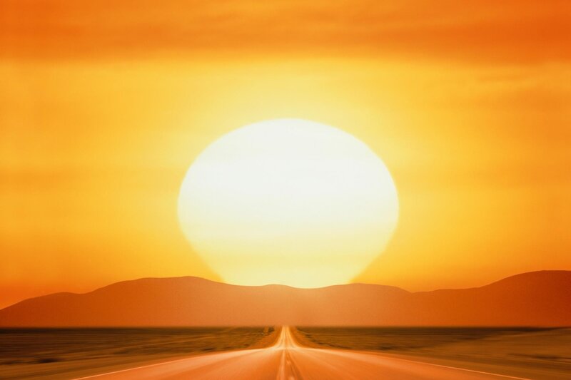 Highway at Sunset — Orange, Serene, Photograph, Sun, Mountains, Road, Yellow, Brown
