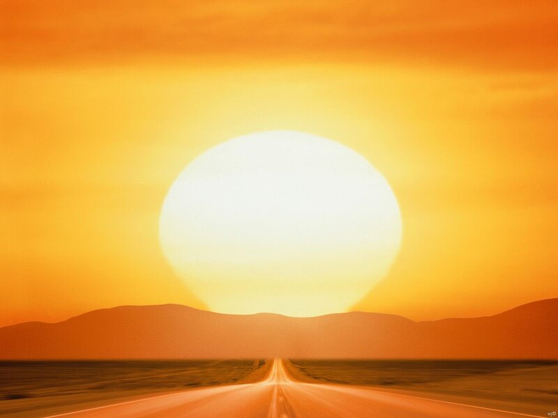Highway at Sunset — Orange, Serene, Photograph, Sun, Mountains