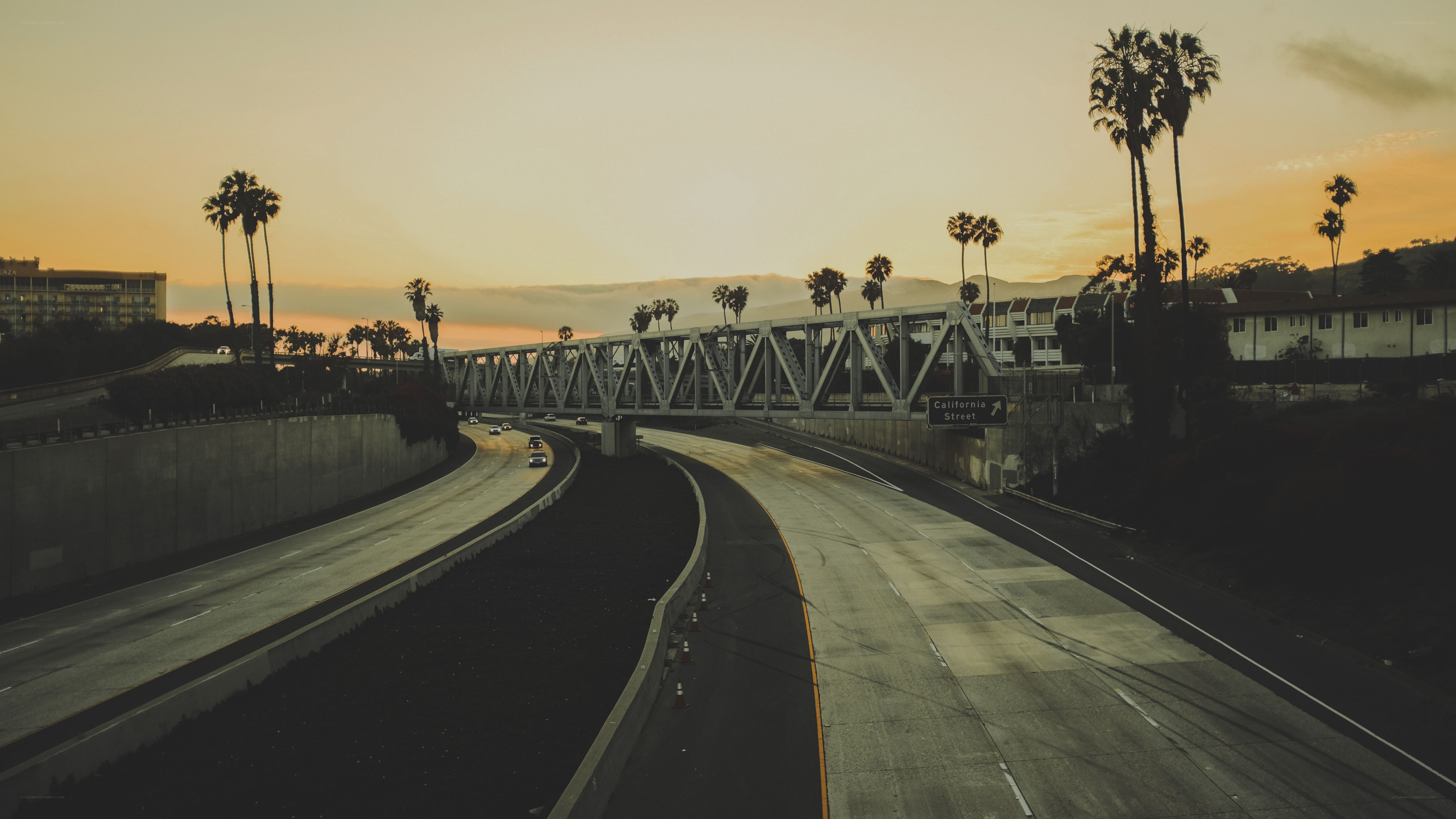 Highway at sunset with palm trees