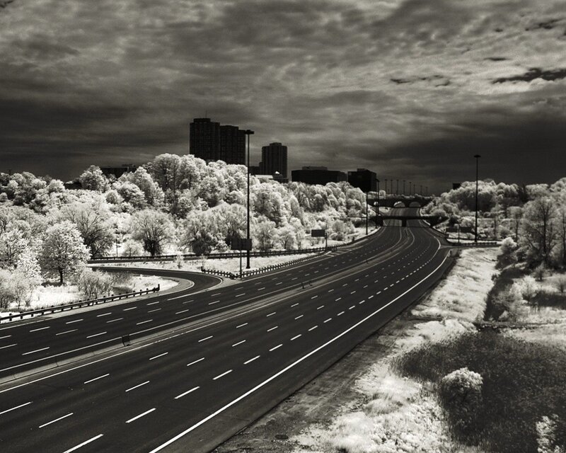 Highway in Infrared — Black, Dramatic, Photograph, Trees, Buildings, Bridge