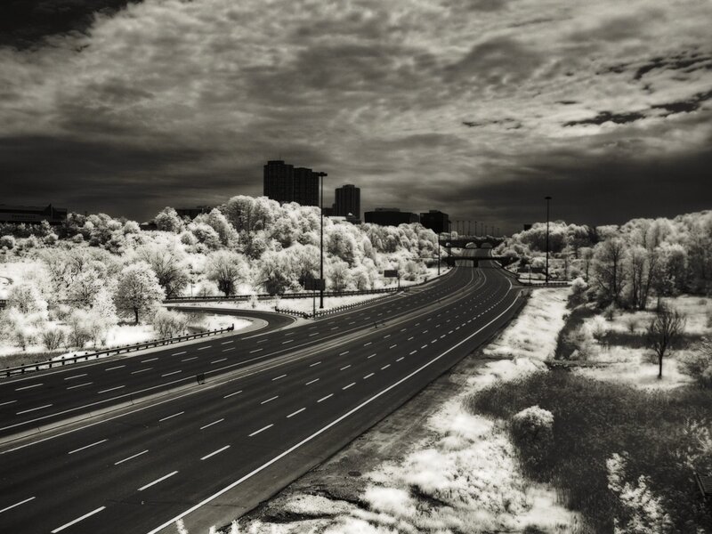 Highway in Infrared — Black, Dramatic, Photograph, Trees