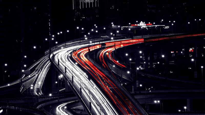 Highway Interchange at Night — Black, Dramatic, Photograph, Cars
