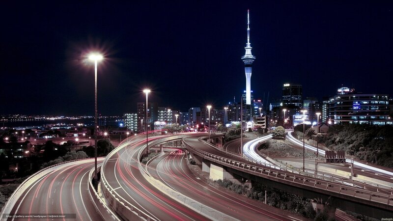 Highway Interchange at Night — Black, Dramatic, Photograph, City Skyline, Skyscraper