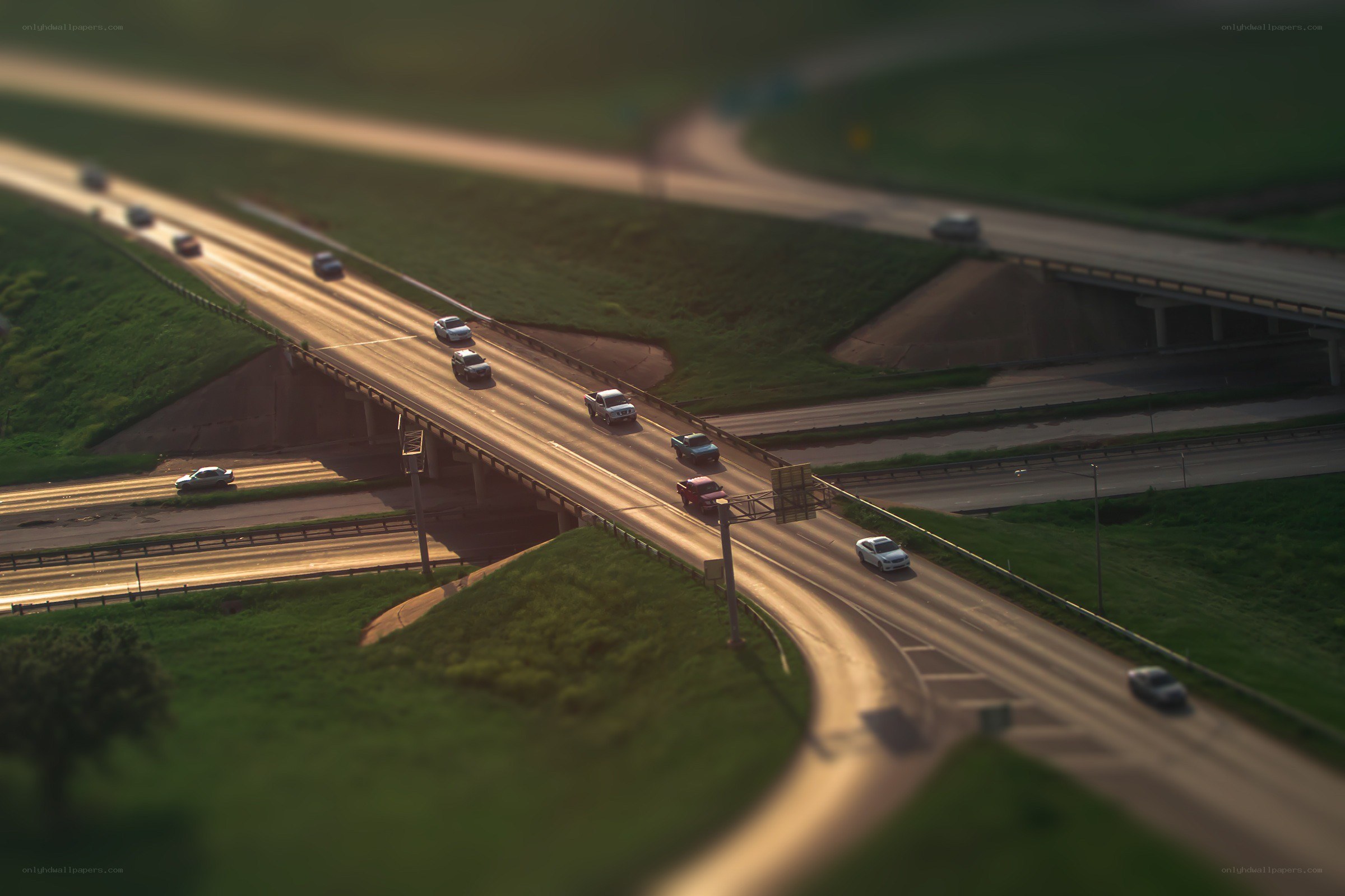 Highway interchange at sunset