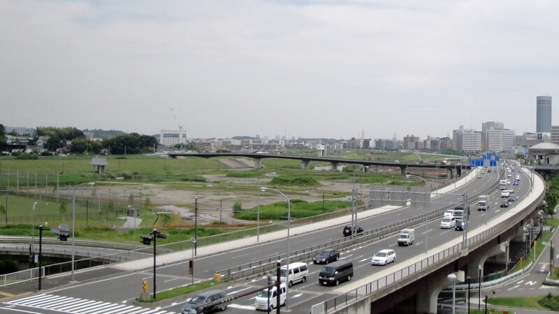 Highway over river in urban area