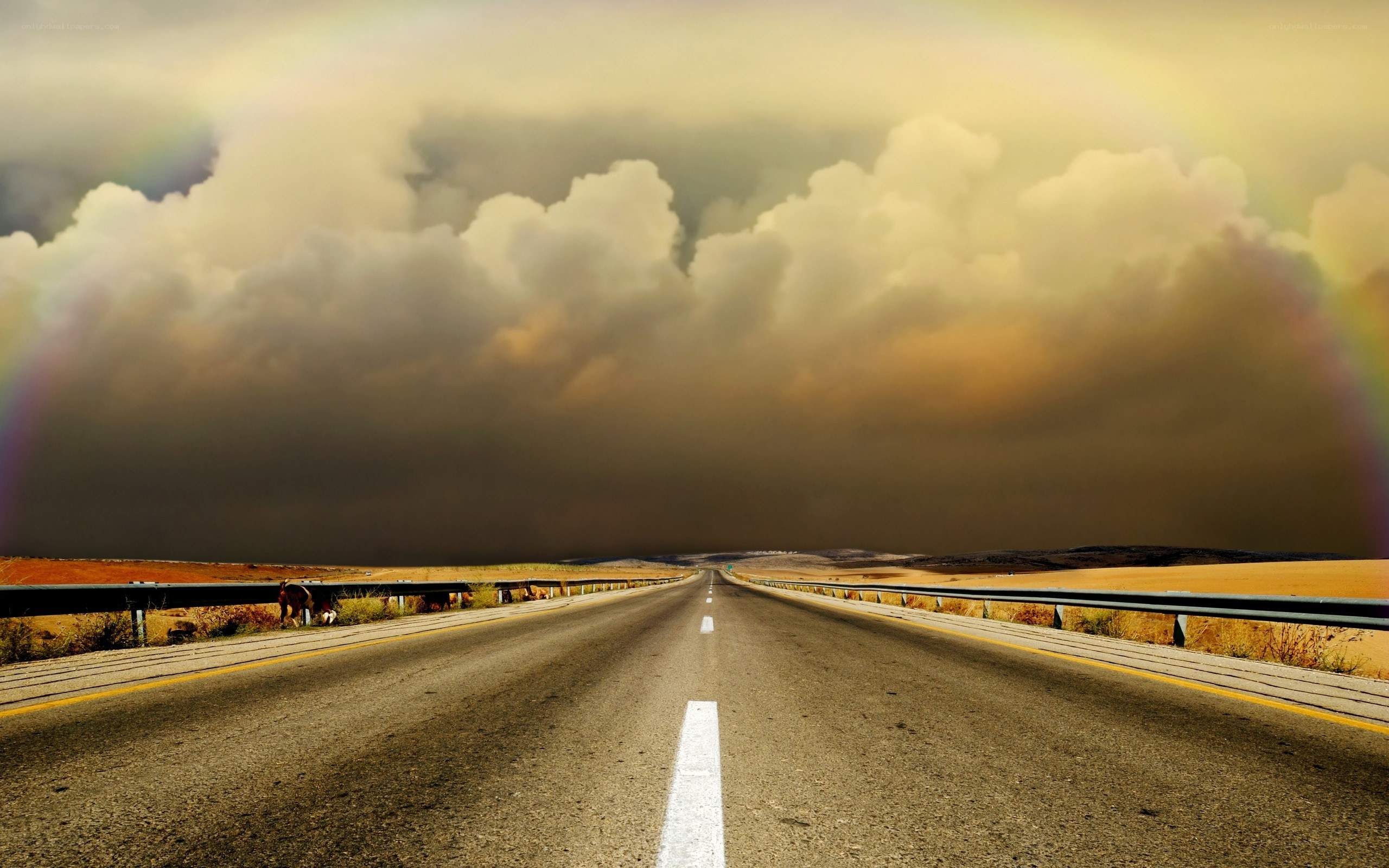 Highway under stormy sky with rainbow