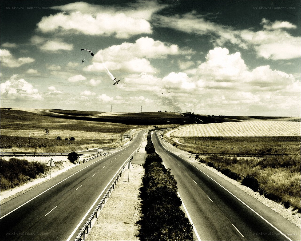 Highway with Parachutist and Plane