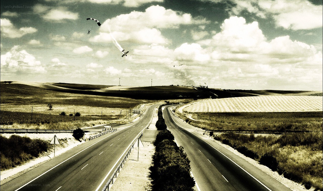 Highway with parachutist