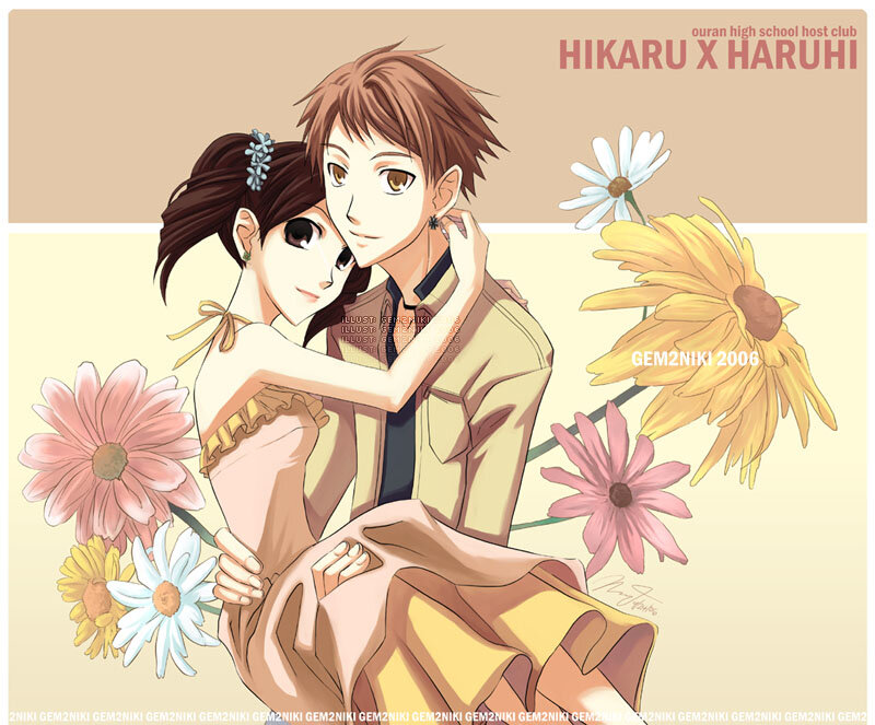 Hikaru and Haruhi embrace