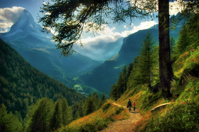 Hiker and Child on Trail — Green