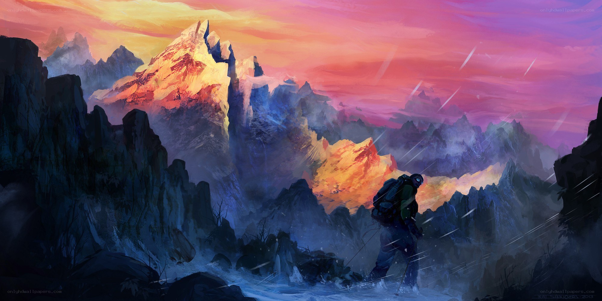 Hiker in a mountain storm