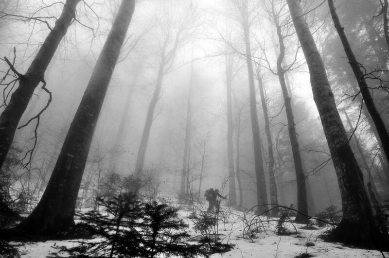 Hiker in Snowy Forest — Black