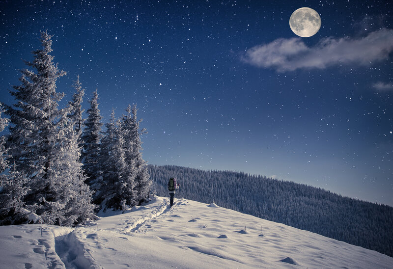 Hiker in Snowy Landscape — Blue