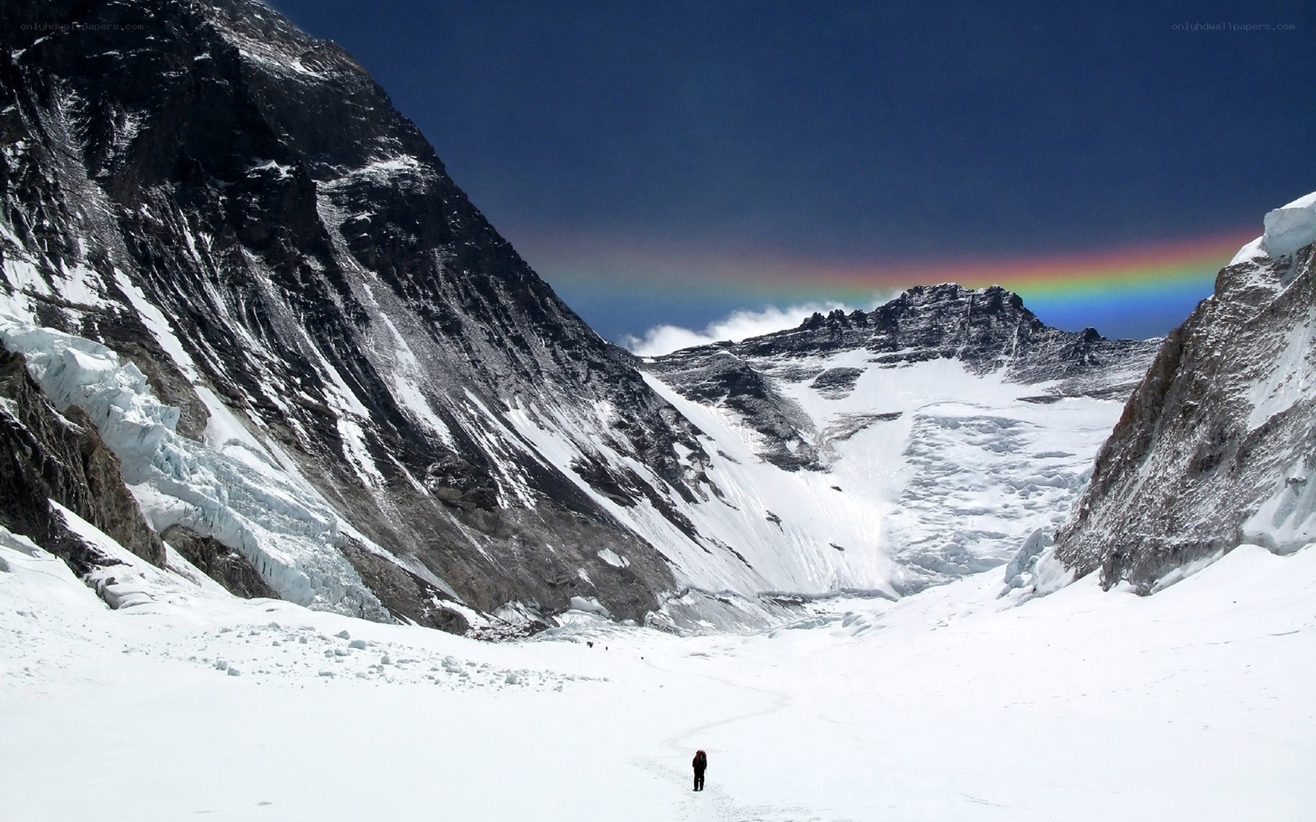 Hiker in snowy mountain valley