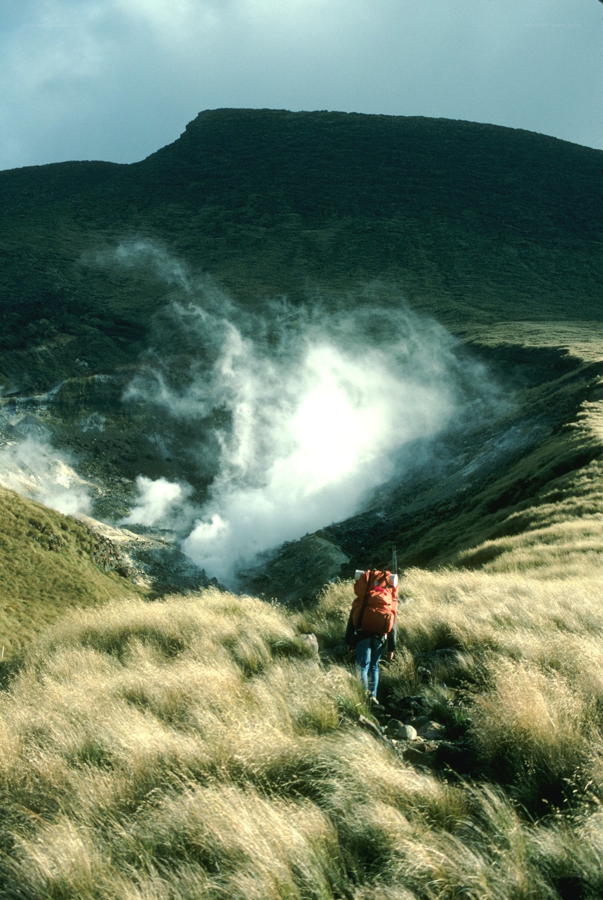 Hiker near volcanic vent