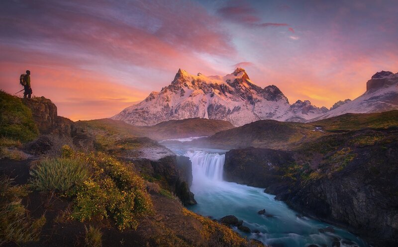 Hiker Near Waterfall — Pink, Dramatic