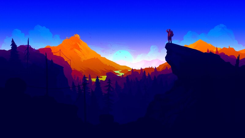 Hiker on a Cliff — Blue, Serene, Sunset