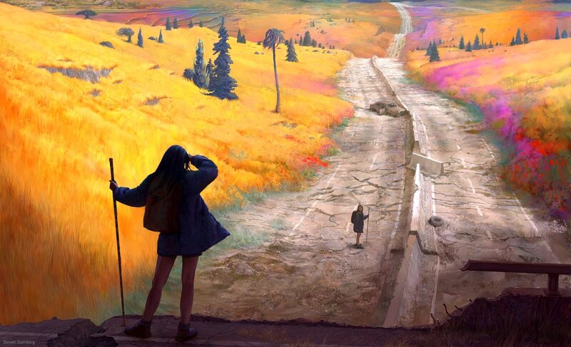 Hiker on a colorful road