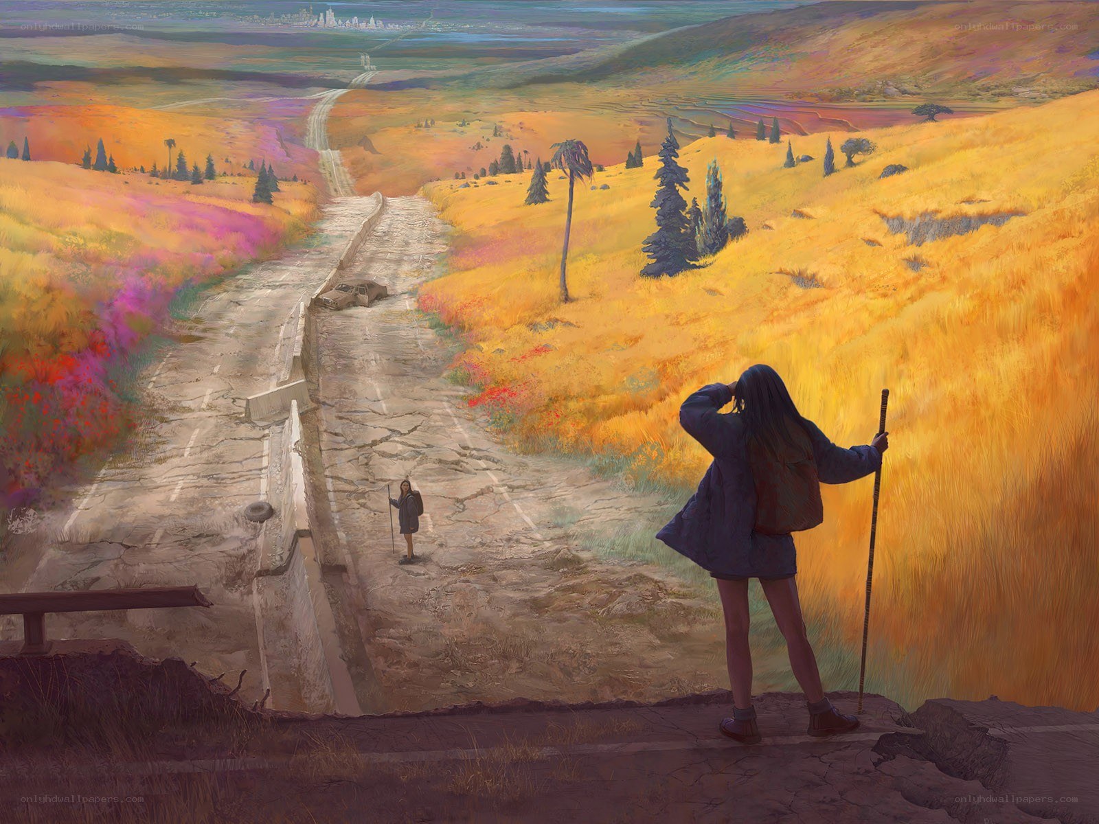Hiker on a cracked road