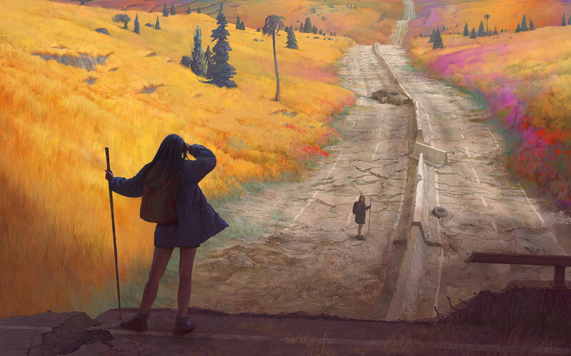 Hiker on a cracked road