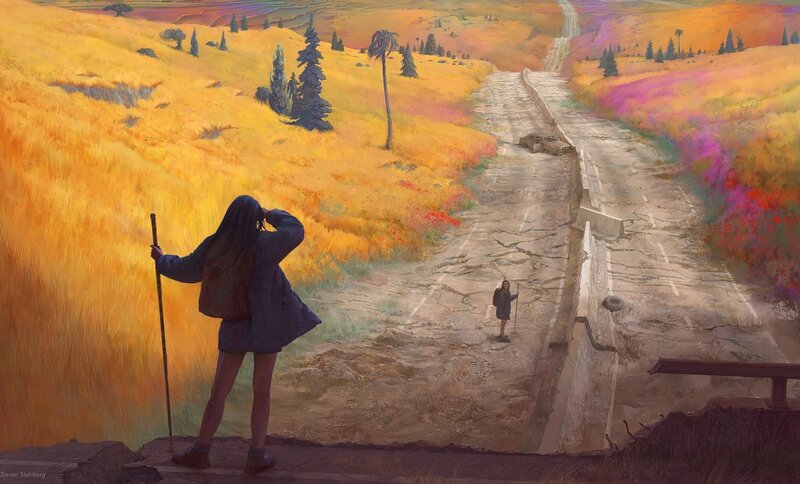 Hiker on a cracked road