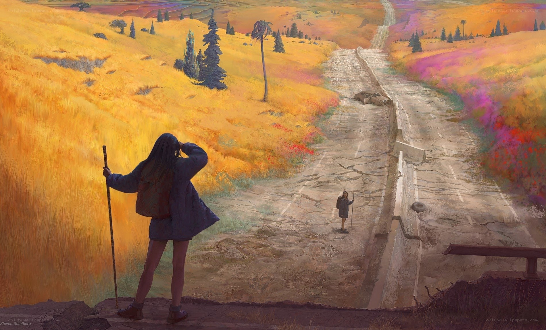 Hiker on a cracked road