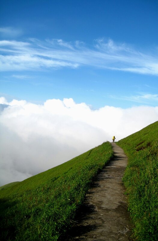 Hiker on Mountain Path — Blue, Serene