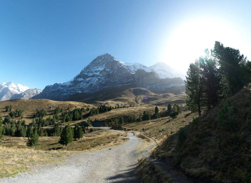 Hiker on Mountain Path — Blue