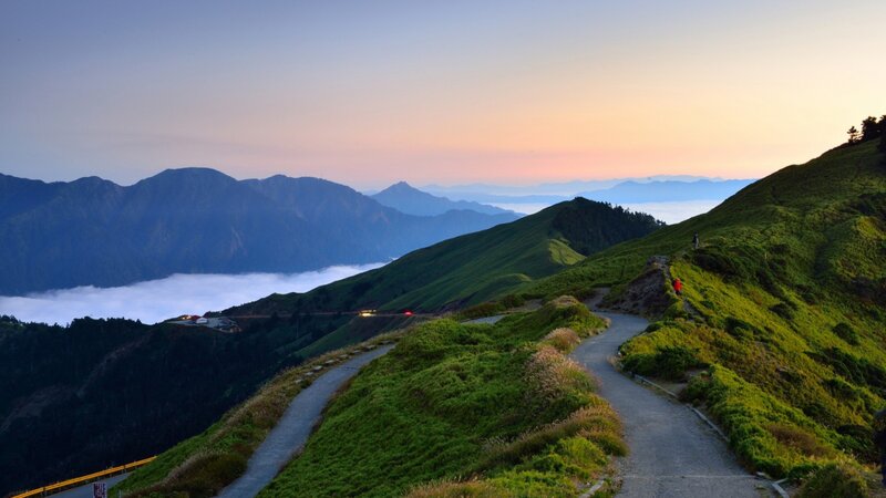 Hiker on Mountain Path — Green