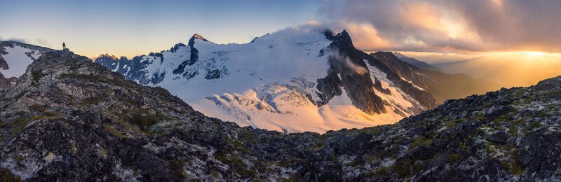 Hiker on Mountain Peak — Blue, Dramatic, Sunrise, Photograph, Snow