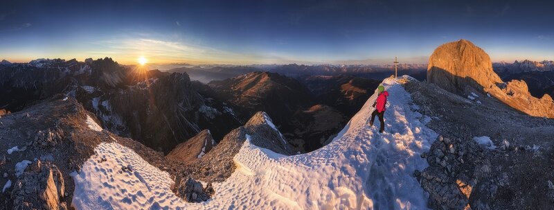 Hiker on Mountain Peak — Blue, Dramatic, Sunrise, Photograph