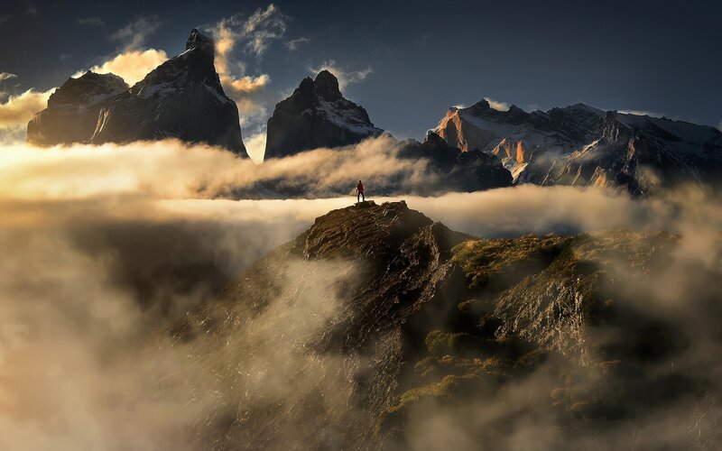 Hiker on Mountain Peak — Blue, Dramatic, Sunrise