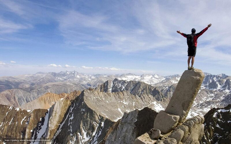 Hiker on Mountain Peak — Blue, Serene