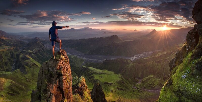 Hiker on Mountain Peak — Green, Dramatic, Sunrise