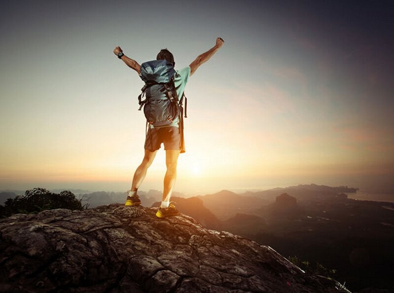 Hiker on Mountain Peak — Orange, Dramatic, Sunrise