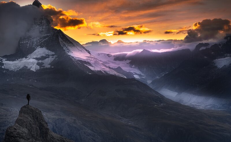 Hiker on Mountain Peak — Orange, Dramatic, Sunset, Photograph