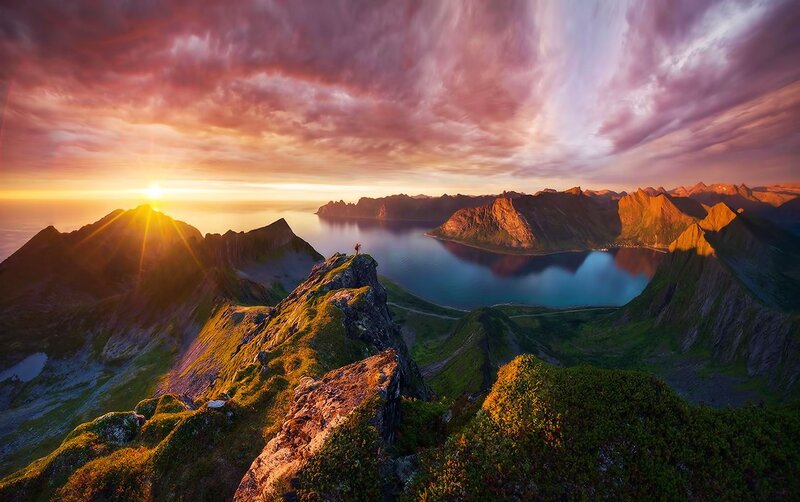 Hiker on Mountain Peak — Purple, Dramatic