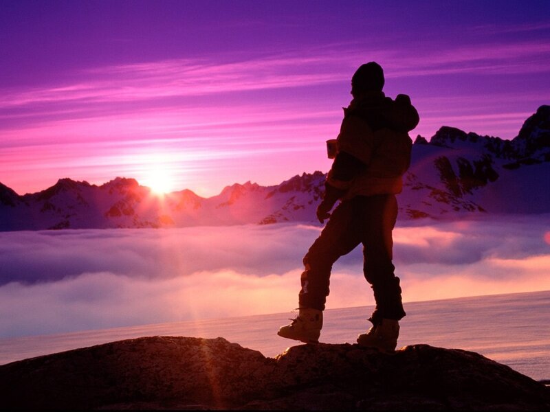 Hiker on Mountain Peak — Purple