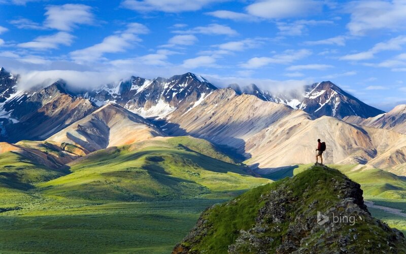 Hiker on Mountain Ridge — Blue, Serene, Afternoon