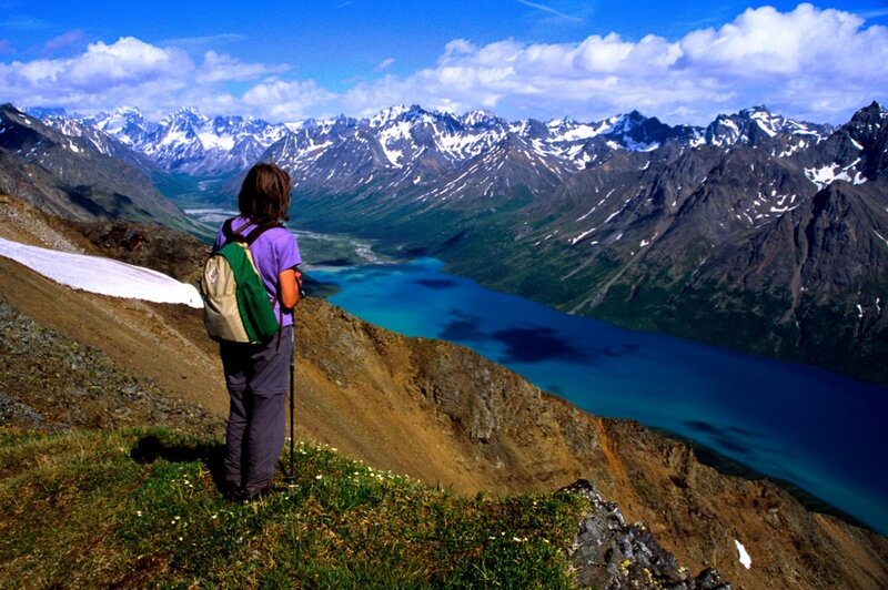 Hiker on Mountain Ridge — Blue, Serene