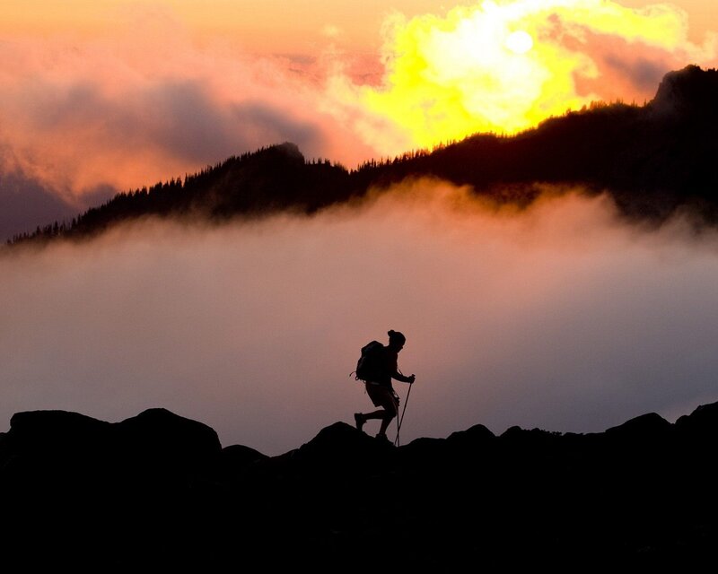 Hiker on Mountain Ridge — Orange, Dramatic, Sunset, Photograph, Clouds