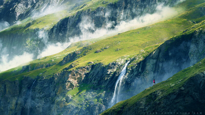 Hiker on Mountain Slope — Green