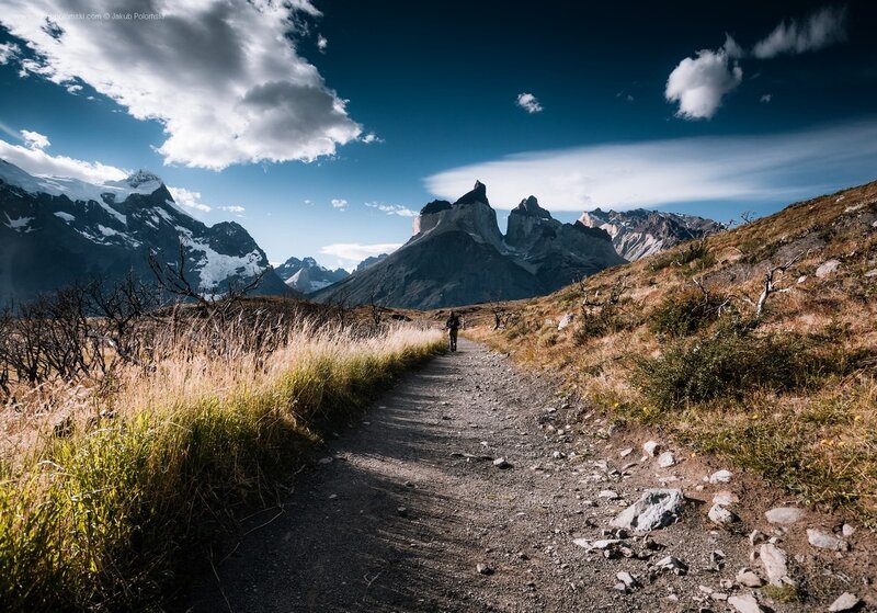 Hiker on Mountain Trail — Blue, Dramatic