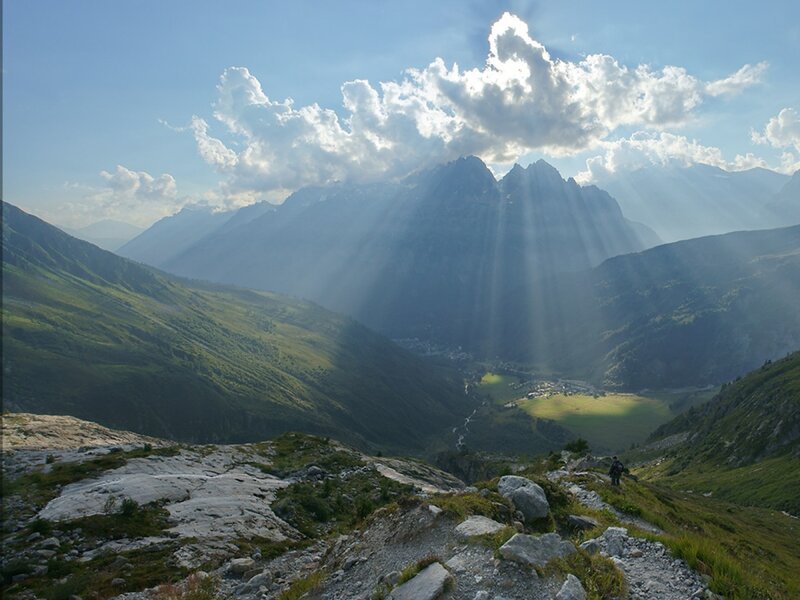 Hiker on Mountain Trail — Blue, Serene, Afternoon
