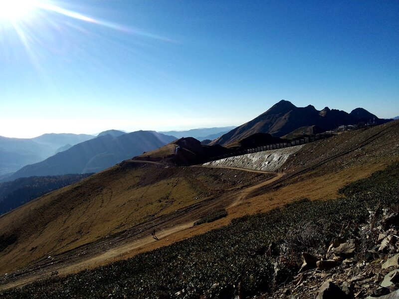 Hiker on Mountain Trail — Blue, Serene, Morning