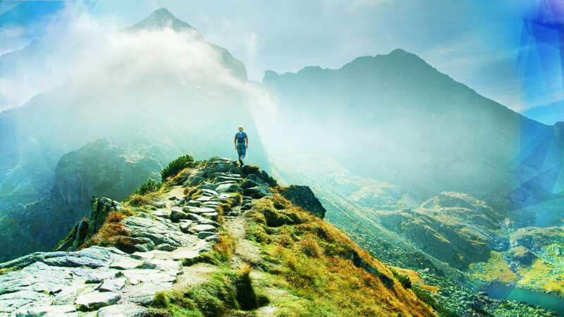 Hiker on Mountain Trail — Blue, Serene