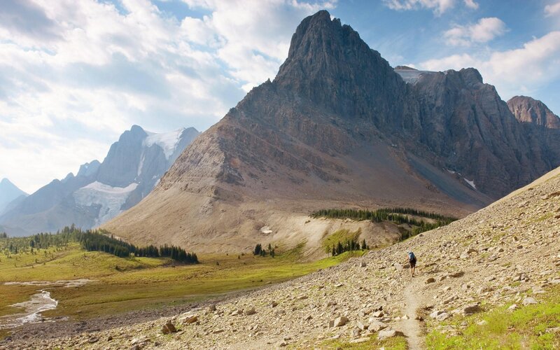 Hiker on Mountain Trail — Brown, Serene