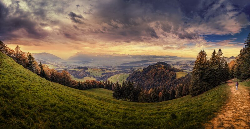 Hiker on Mountain Trail — Green, Dramatic
