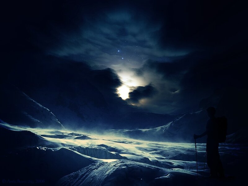 Hiker on Snowy Mountain