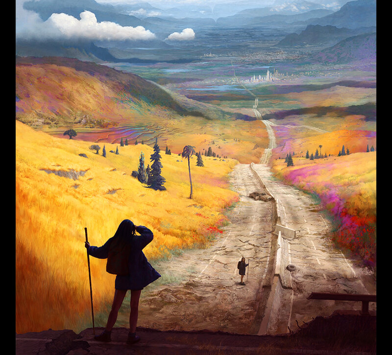 Hiker views distant city